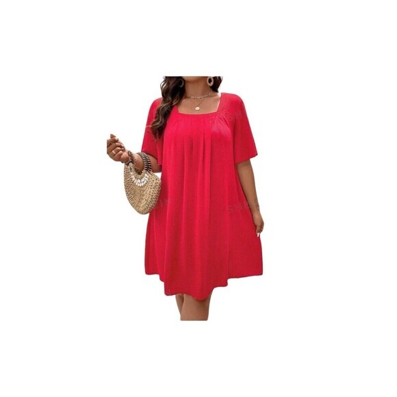SHEIN CURVE VCAY Plus 1XL Square Neck Plicated Detail Dress Red Brand New - Picture 16 of 16
